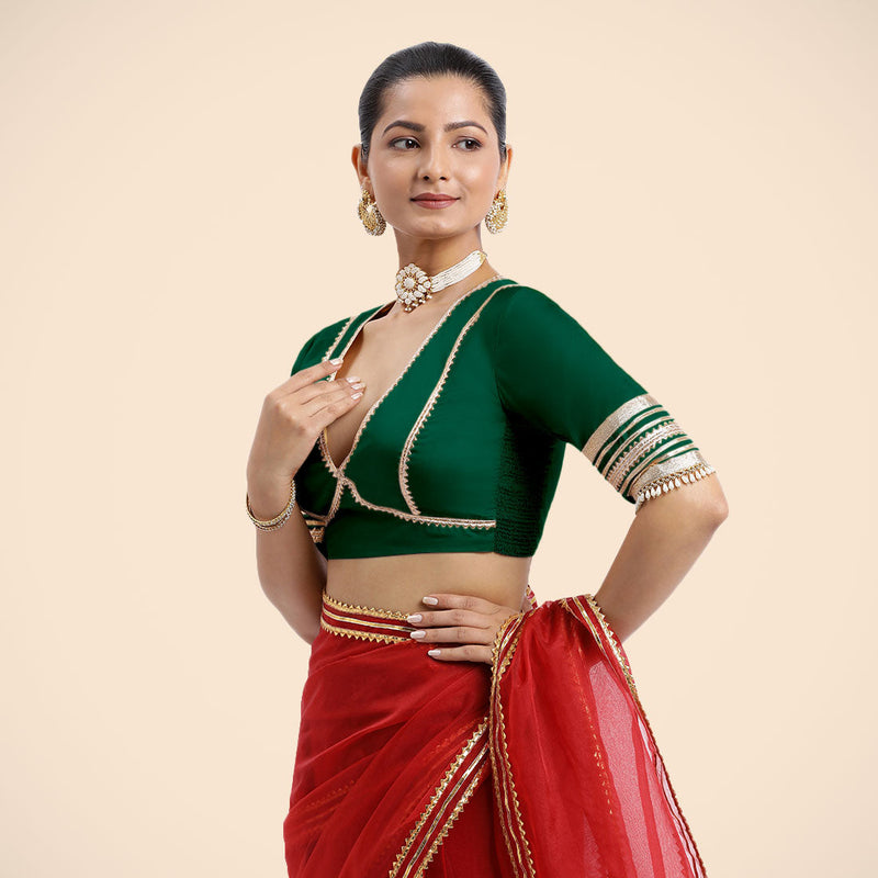 Nafeeza x Tyohaar | Bottle Green Embellished Elbow Sleeves FlexiFit™ Saree Blouse with Plunging V Neckline with Tasteful Golden Gota Lace-Binks