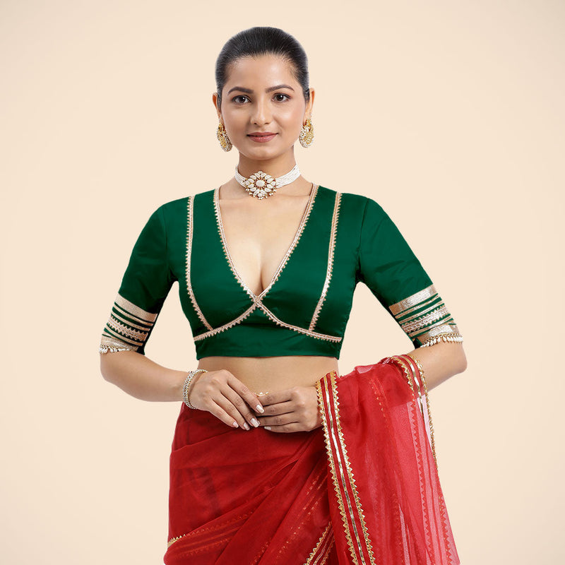 Nafeeza x Tyohaar | Bottle Green Embellished Elbow Sleeves FlexiFit™ Saree Blouse with Plunging V Neckline with Tasteful Golden Gota Lace-Binks