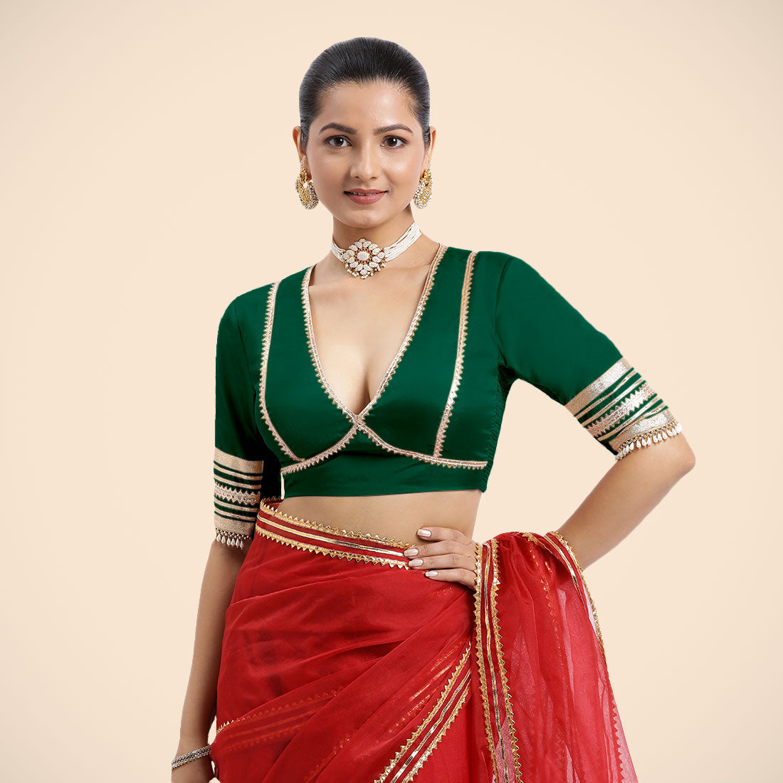 Nafeeza x Tyohaar Saree Blouse, in Green Vegan Silk, featuring elbow sleeves and v-neckline, made for party & festive (view 3).