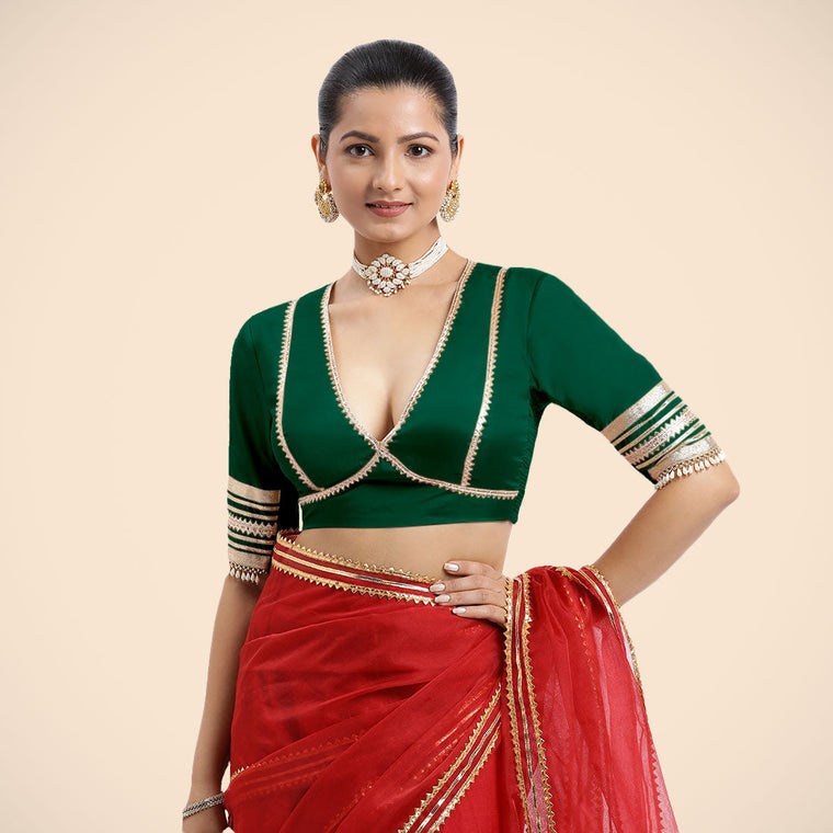Nafeeza x Tyohaar Saree Blouse, in Green Vegan Silk, featuring elbow sleeves and v-neckline, made for party & festive (view 3).