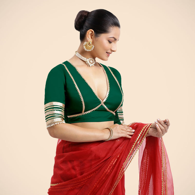 Nafeeza x Tyohaar | Bottle Green Embellished Elbow Sleeves FlexiFit™ Saree Blouse with Plunging V Neckline with Tasteful Golden Gota Lace-Binks