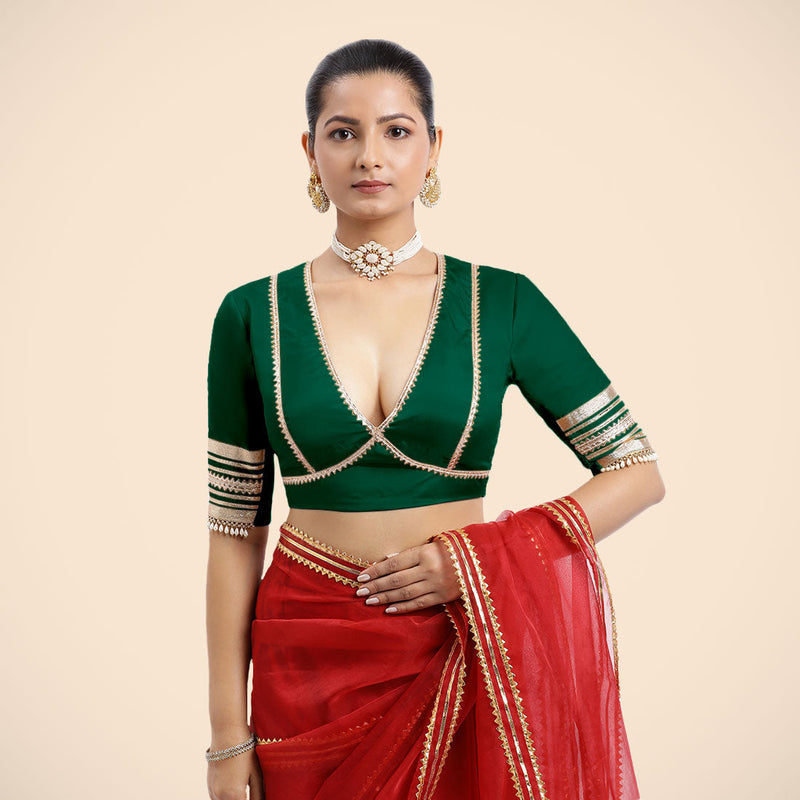Nafeeza x Tyohaar | Bottle Green Embellished Elbow Sleeves FlexiFit™ Saree Blouse with Plunging V Neckline with Tasteful Golden Gota Lace-Binks