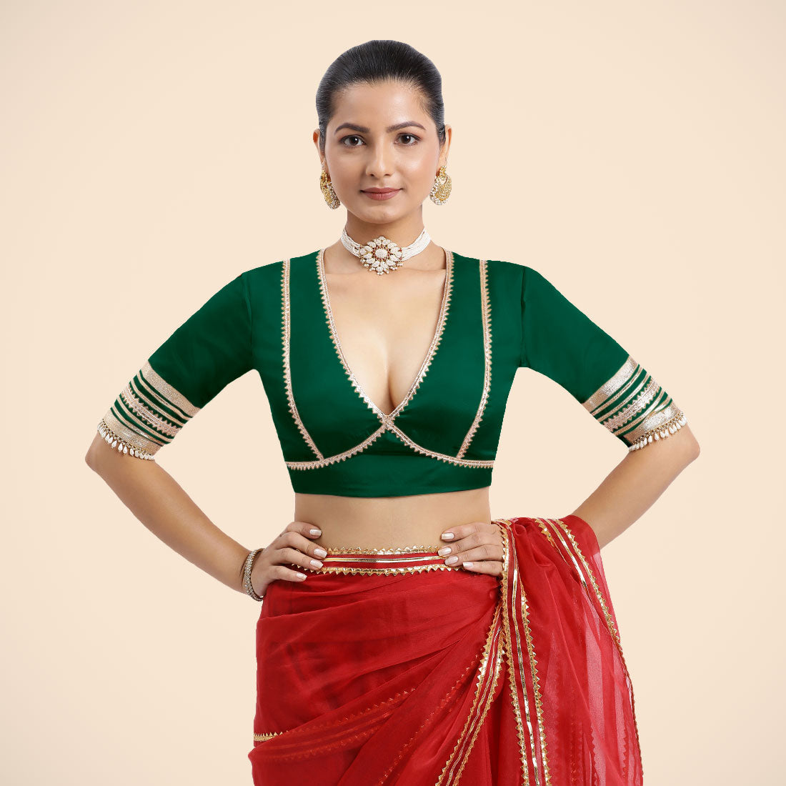 Nafeeza x Tyohaar Saree Blouse, in Green Vegan Silk, featuring elbow sleeves and v-neckline, made for party & festive (view 6).
