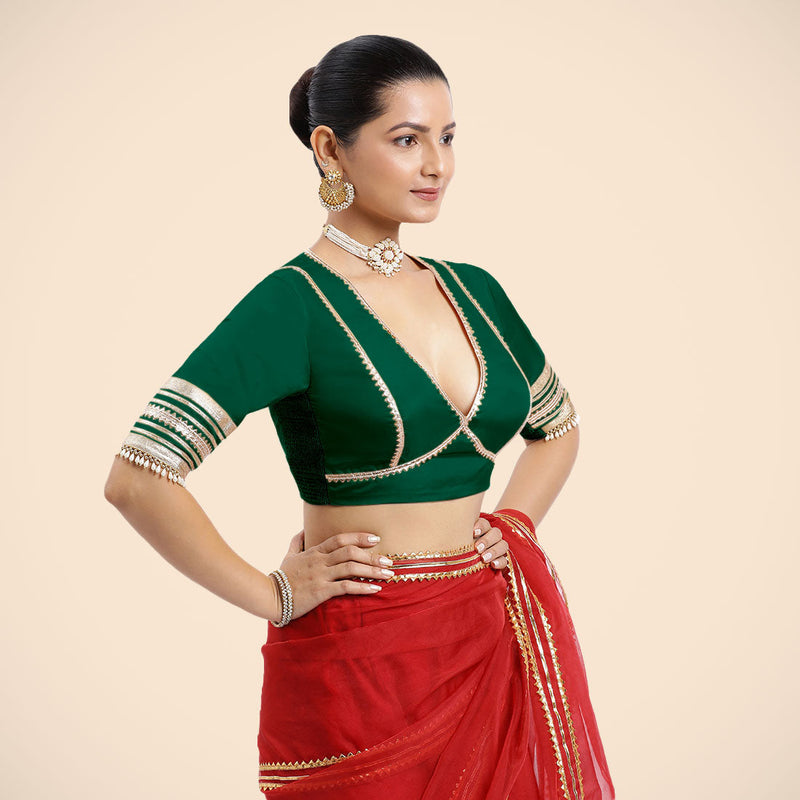 Nafeeza x Tyohaar | Bottle Green Embellished Elbow Sleeves FlexiFit™ Saree Blouse with Plunging V Neckline with Tasteful Golden Gota Lace-Binks