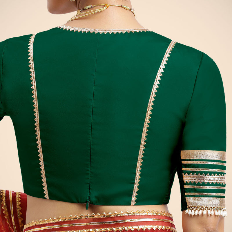 Nafeeza x Tyohaar | Bottle Green Embellished Elbow Sleeves FlexiFit™ Saree Blouse with Plunging V Neckline with Tasteful Golden Gota Lace-Binks