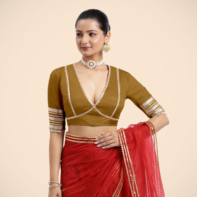 Nafeeza x Tyohaar | Bronze Gold Embellished Elbow Sleeves FlexiFit™ Saree Blouse with Plunging V Neckline with Tasteful Golden Gota Lace-Binks