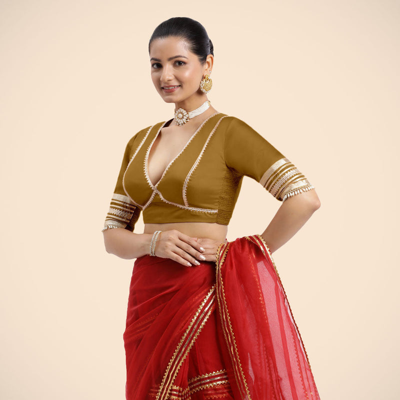 Nafeeza x Tyohaar | Bronze Gold Embellished Elbow Sleeves FlexiFit™ Saree Blouse with Plunging V Neckline with Tasteful Golden Gota Lace-Binks