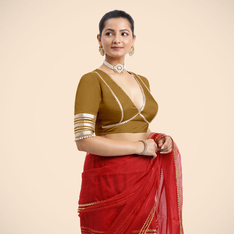 Nafeeza x Tyohaar | Bronze Gold Embellished Elbow Sleeves FlexiFit™ Saree Blouse with Plunging V Neckline with Tasteful Golden Gota Lace-Binks