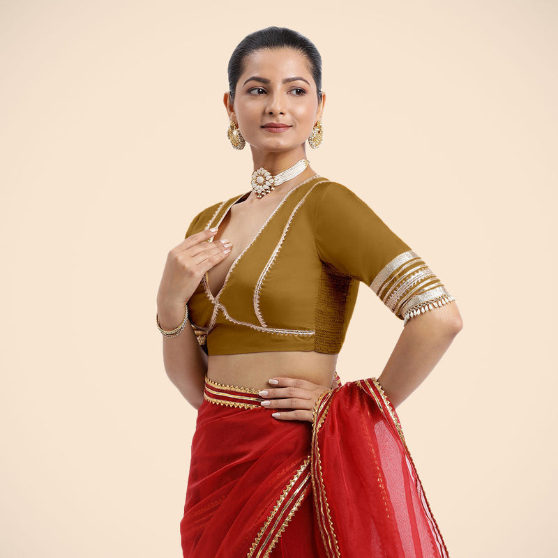 Nafeeza x Tyohaar | Bronze Gold Embellished Elbow Sleeves FlexiFit™ Saree Blouse with Plunging V Neckline with Tasteful Golden Gota Lace-Binks