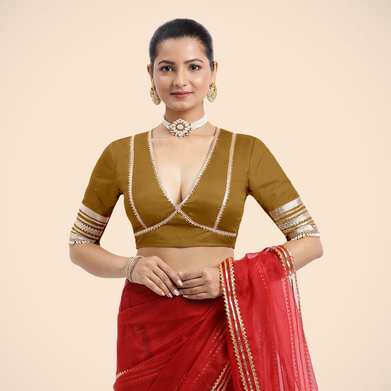 Nafeeza x Tyohaar | Bronze Gold Embellished Elbow Sleeves FlexiFit™ Saree Blouse with Plunging V Neckline with Tasteful Golden Gota Lace-Binks