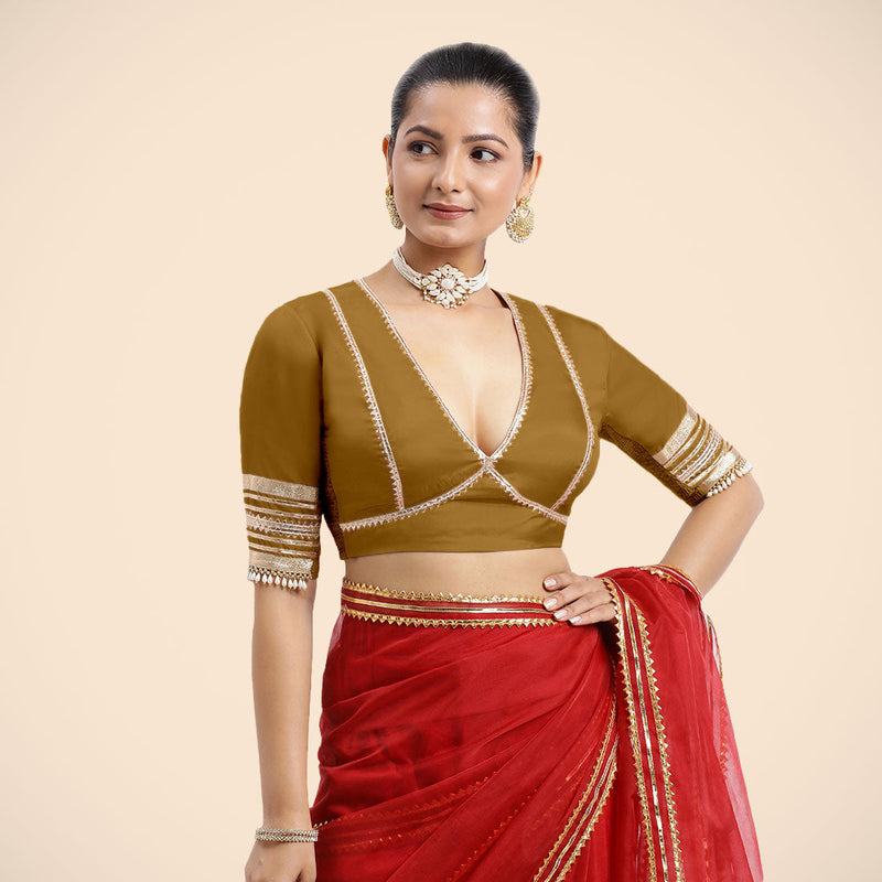 Nafeeza x Tyohaar | Bronze Gold Embellished Elbow Sleeves FlexiFit™ Saree Blouse with Plunging V Neckline with Tasteful Golden Gota Lace-Binks