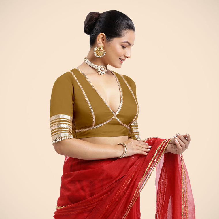 Nafeeza x Tyohaar Saree Blouse, in Gold Vegan Silk, featuring elbow sleeves and v-neckline, made for party & festive (view 2).