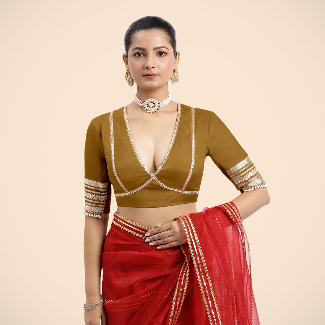 Nafeeza x Tyohaar Saree Blouse, in Gold Vegan Silk, featuring elbow sleeves and v-neckline, made for party & festive (view 3).