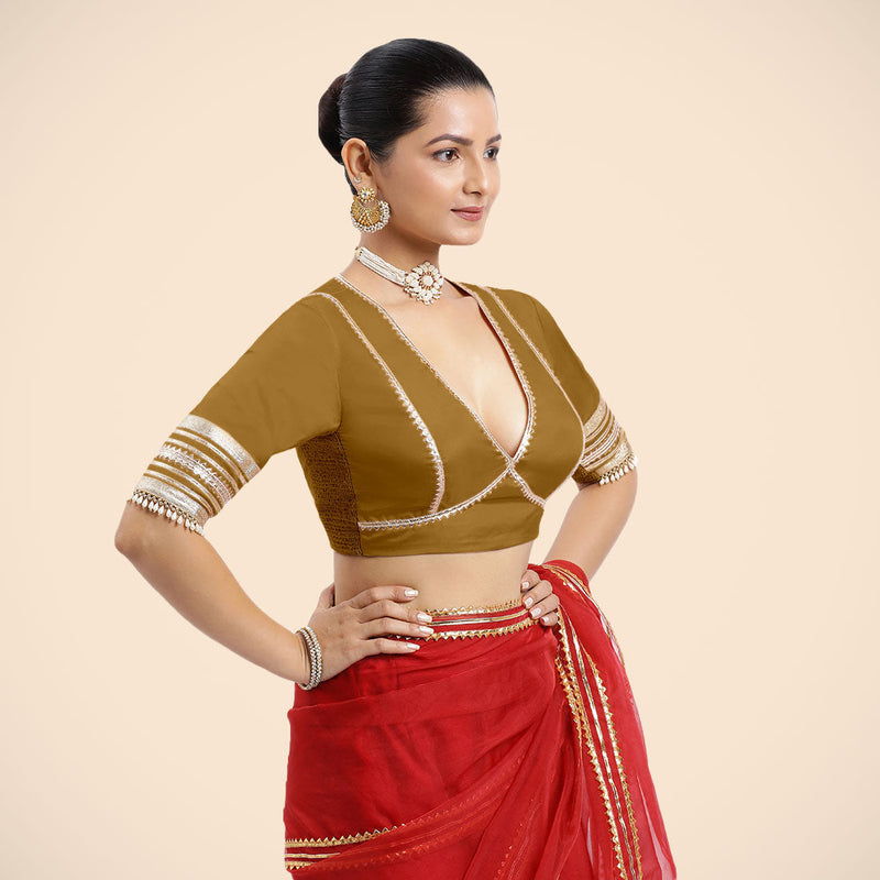 Nafeeza x Tyohaar | Bronze Gold Embellished Elbow Sleeves FlexiFit™ Saree Blouse with Plunging V Neckline with Tasteful Golden Gota Lace-Binks