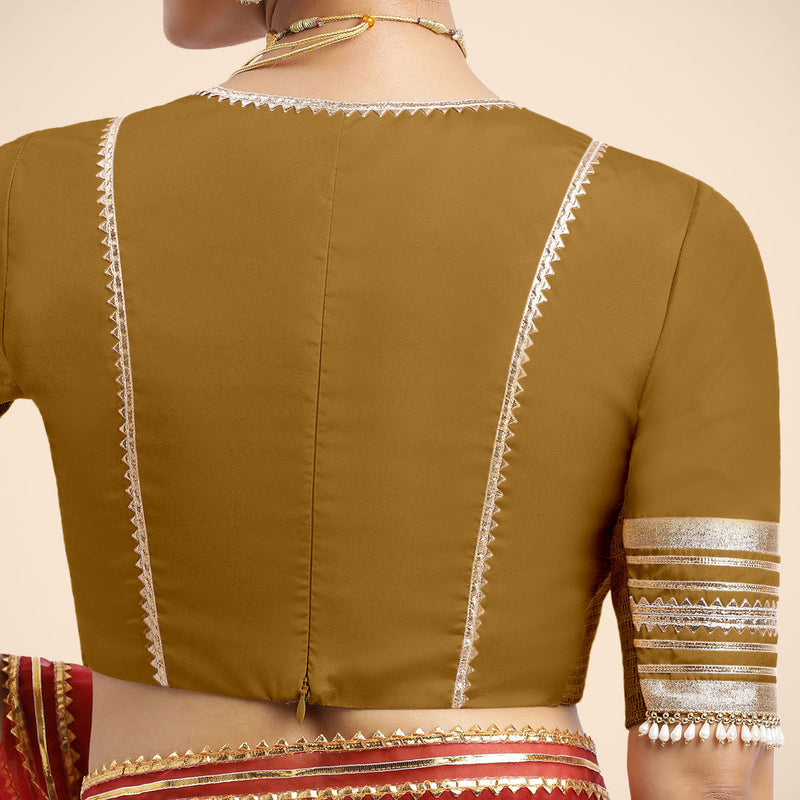 Nafeeza x Tyohaar | Bronze Gold Embellished Elbow Sleeves FlexiFit™ Saree Blouse with Plunging V Neckline with Tasteful Golden Gota Lace-Binks