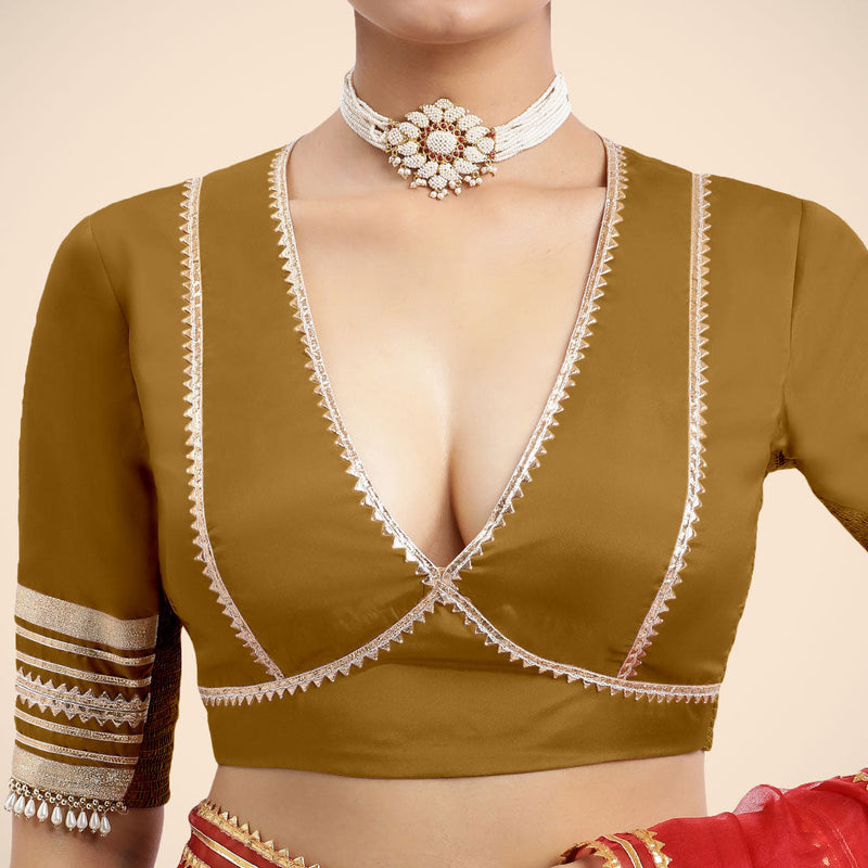 Nafeeza x Tyohaar | Bronze Gold Embellished Elbow Sleeves FlexiFit™ Saree Blouse with Plunging V Neckline with Tasteful Golden Gota Lace-Binks