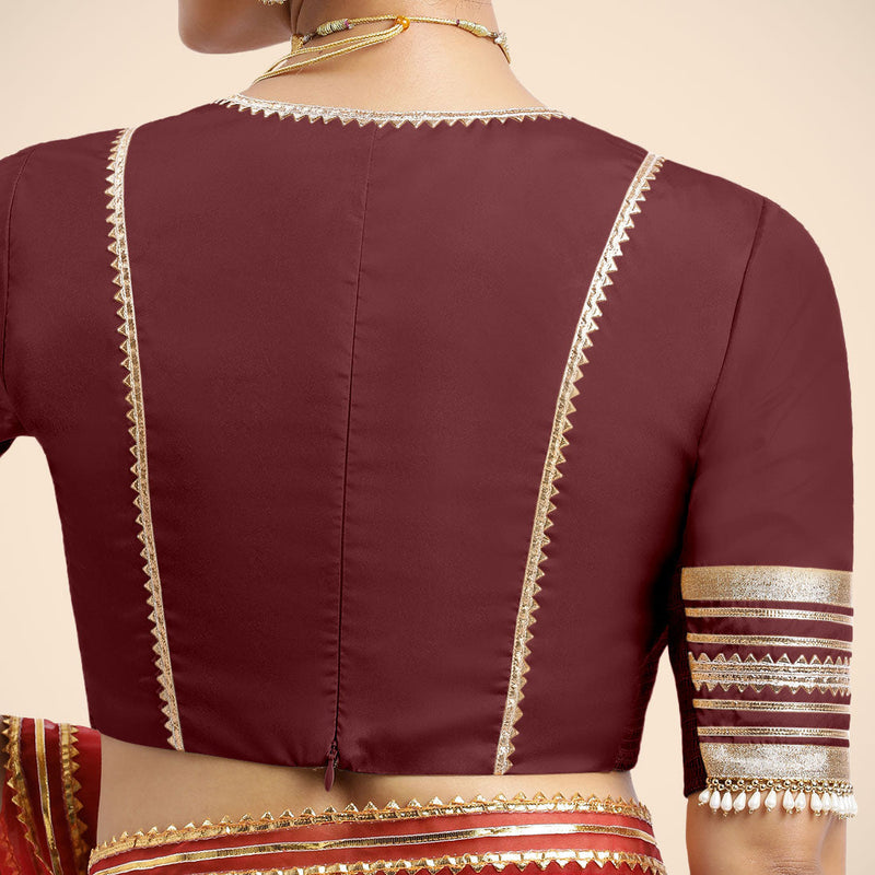 Nafeeza x Tyohaar | Burgundy Embellished Elbow Sleeves FlexiFit™ Saree Blouse with Plunging V Neckline with Tasteful Golden Gota Lace-Binks