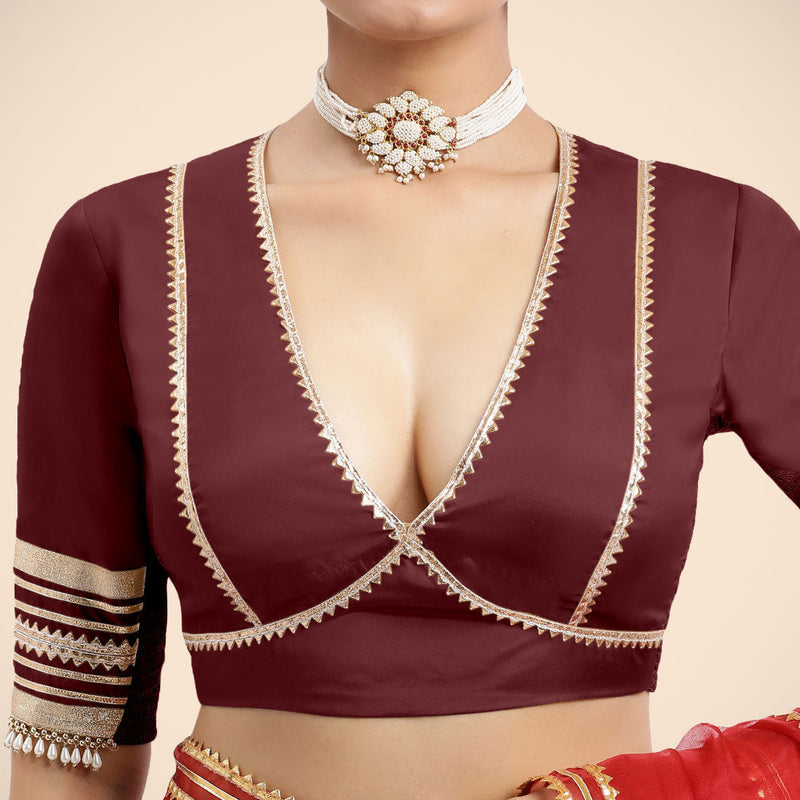Nafeeza x Tyohaar | Burgundy Embellished Elbow Sleeves FlexiFit™ Saree Blouse with Plunging V Neckline with Tasteful Golden Gota Lace-Binks