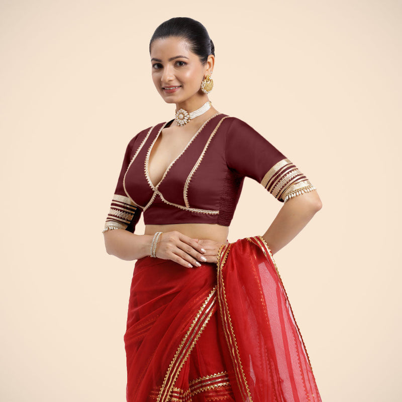 Nafeeza x Tyohaar | Burgundy Embellished Elbow Sleeves FlexiFit™ Saree Blouse with Plunging V Neckline with Tasteful Golden Gota Lace-Binks
