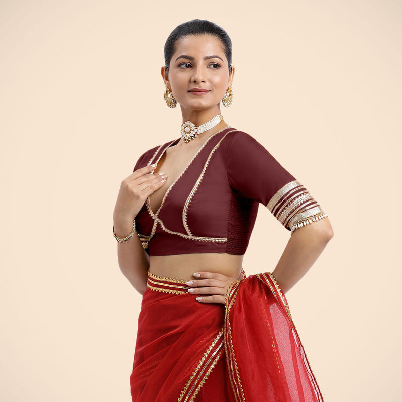 Nafeeza x Tyohaar | Burgundy Embellished Elbow Sleeves FlexiFit™ Saree Blouse with Plunging V Neckline with Tasteful Golden Gota Lace-Binks