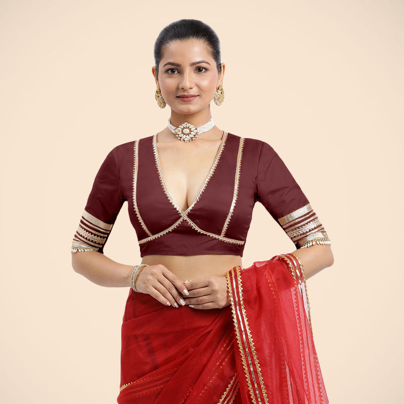 Nafeeza x Tyohaar | Burgundy Embellished Elbow Sleeves FlexiFit™ Saree Blouse with Plunging V Neckline with Tasteful Golden Gota Lace-Binks