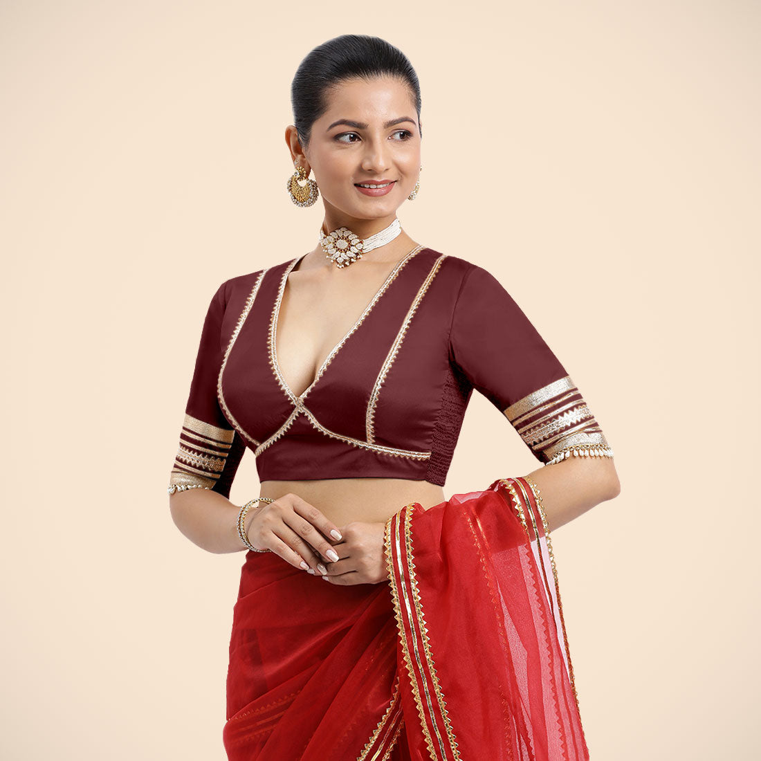 Nafeeza x Tyohaar Saree Blouse, in Maroon Vegan Silk, featuring elbow sleeves and v-neckline, made for party & festive (view 8).