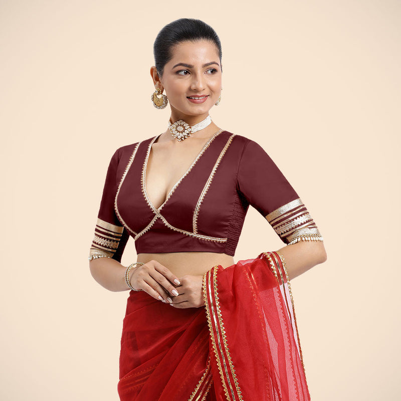 Nafeeza x Tyohaar | Burgundy Embellished Elbow Sleeves FlexiFit™ Saree Blouse with Plunging V Neckline with Tasteful Golden Gota Lace-Binks