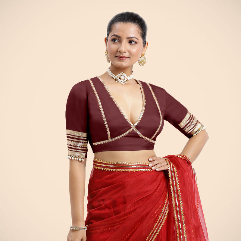 Nafeeza x Tyohaar | Burgundy Embellished Elbow Sleeves FlexiFit™ Saree Blouse with Plunging V Neckline with Tasteful Golden Gota Lace-Binks