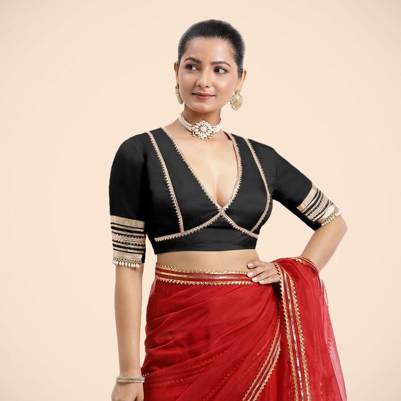 Nafeeza x Tyohaar | Charcoal Black Embellished Elbow Sleeves FlexiFit™ Saree Blouse with Plunging V Neckline with Tasteful Golden Gota Lace-Binks