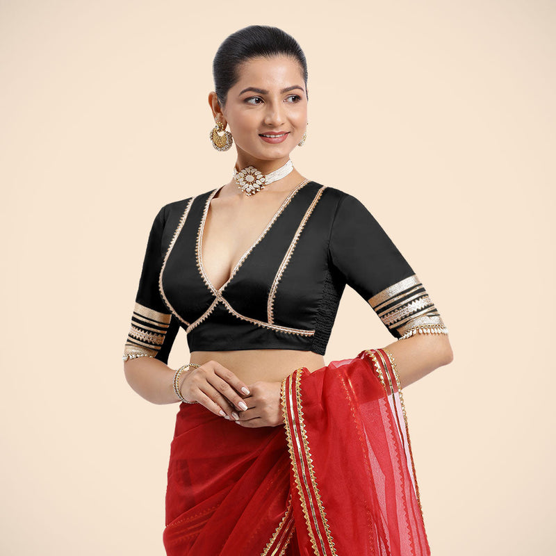 Nafeeza x Tyohaar | Charcoal Black Embellished Elbow Sleeves FlexiFit™ Saree Blouse with Plunging V Neckline with Tasteful Golden Gota Lace-Binks