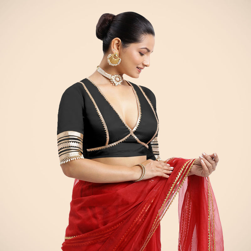 Nafeeza x Tyohaar | Charcoal Black Embellished Elbow Sleeves FlexiFit™ Saree Blouse with Plunging V Neckline with Tasteful Golden Gota Lace-Binks
