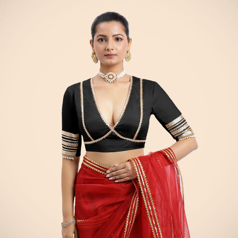 Nafeeza x Tyohaar | Charcoal Black Embellished Elbow Sleeves FlexiFit™ Saree Blouse with Plunging V Neckline with Tasteful Golden Gota Lace-Binks