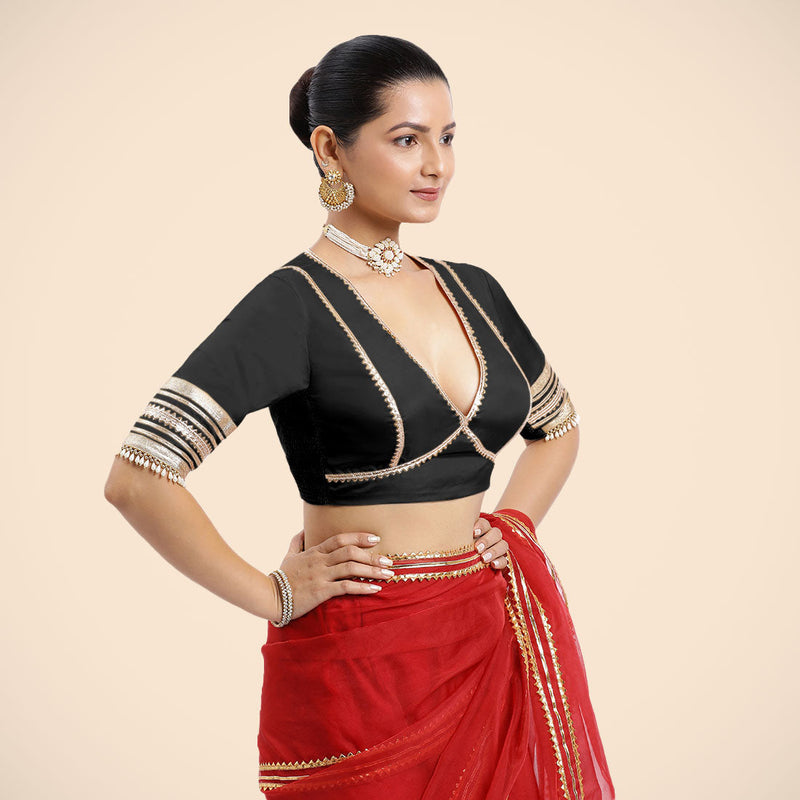 Nafeeza x Tyohaar | Charcoal Black Embellished Elbow Sleeves FlexiFit™ Saree Blouse with Plunging V Neckline with Tasteful Golden Gota Lace-Binks