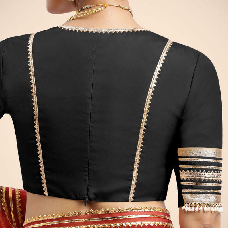 Nafeeza x Tyohaar | Charcoal Black Embellished Elbow Sleeves FlexiFit™ Saree Blouse with Plunging V Neckline with Tasteful Golden Gota Lace-Binks