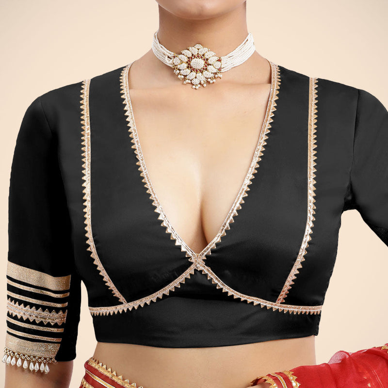 Nafeeza x Tyohaar | Charcoal Black Embellished Elbow Sleeves FlexiFit™ Saree Blouse with Plunging V Neckline with Tasteful Golden Gota Lace-Binks