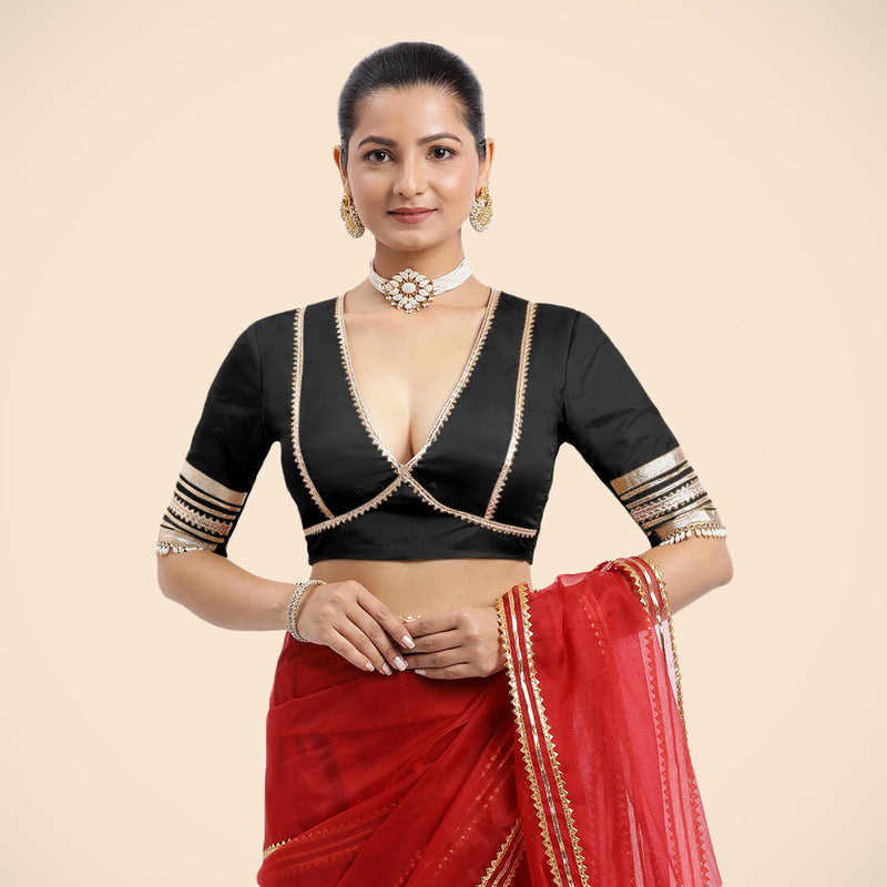 Nafeeza x Tyohaar | Charcoal Black Embellished Elbow Sleeves FlexiFit™ Saree Blouse with Plunging V Neckline with Tasteful Golden Gota Lace-Binks