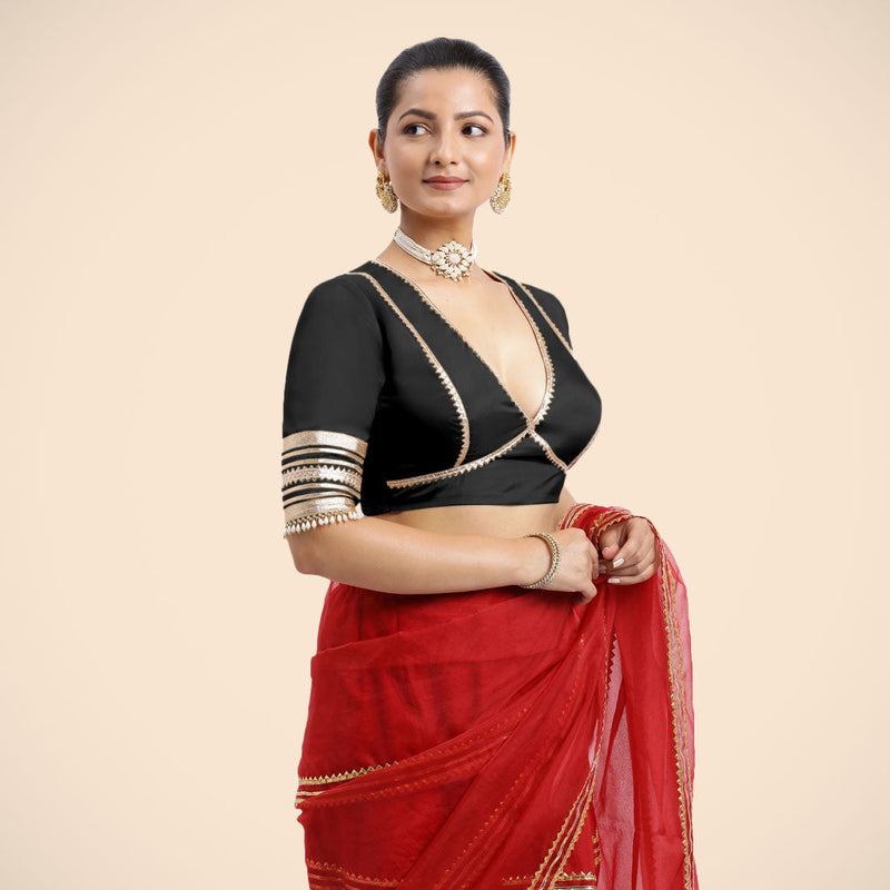 Nafeeza x Tyohaar | Charcoal Black Embellished Elbow Sleeves FlexiFit™ Saree Blouse with Plunging V Neckline with Tasteful Golden Gota Lace-Binks