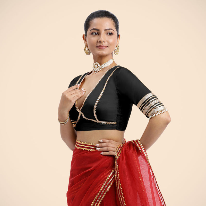 Nafeeza x Tyohaar | Charcoal Black Embellished Elbow Sleeves FlexiFit™ Saree Blouse with Plunging V Neckline with Tasteful Golden Gota Lace-Binks