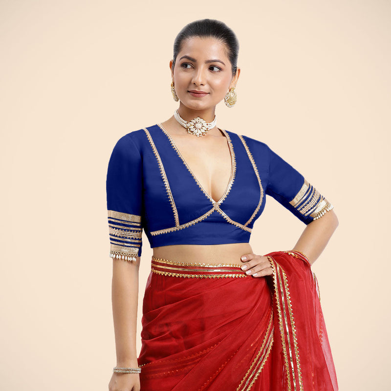 Nafeeza x Tyohaar | Cobalt Blue Embellished Elbow Sleeves FlexiFit™ Saree Blouse with Plunging V Neckline with Tasteful Golden Gota Lace-Binks