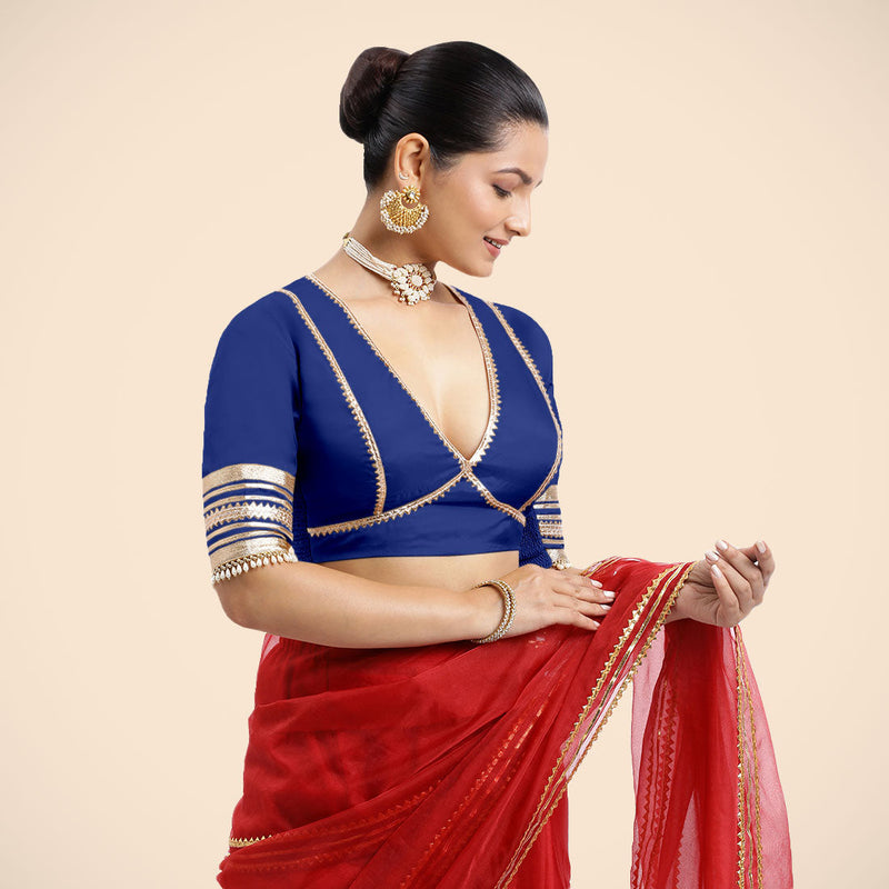 Nafeeza x Tyohaar | Cobalt Blue Embellished Elbow Sleeves FlexiFit™ Saree Blouse with Plunging V Neckline with Tasteful Golden Gota Lace-Binks