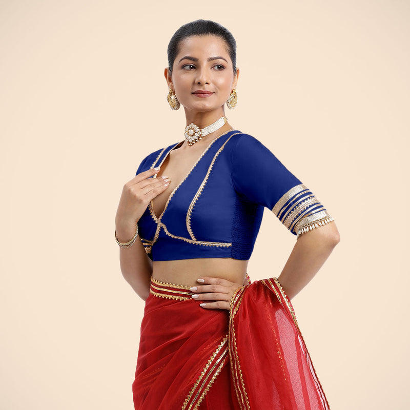 Nafeeza x Tyohaar | Cobalt Blue Embellished Elbow Sleeves FlexiFit™ Saree Blouse with Plunging V Neckline with Tasteful Golden Gota Lace-Binks