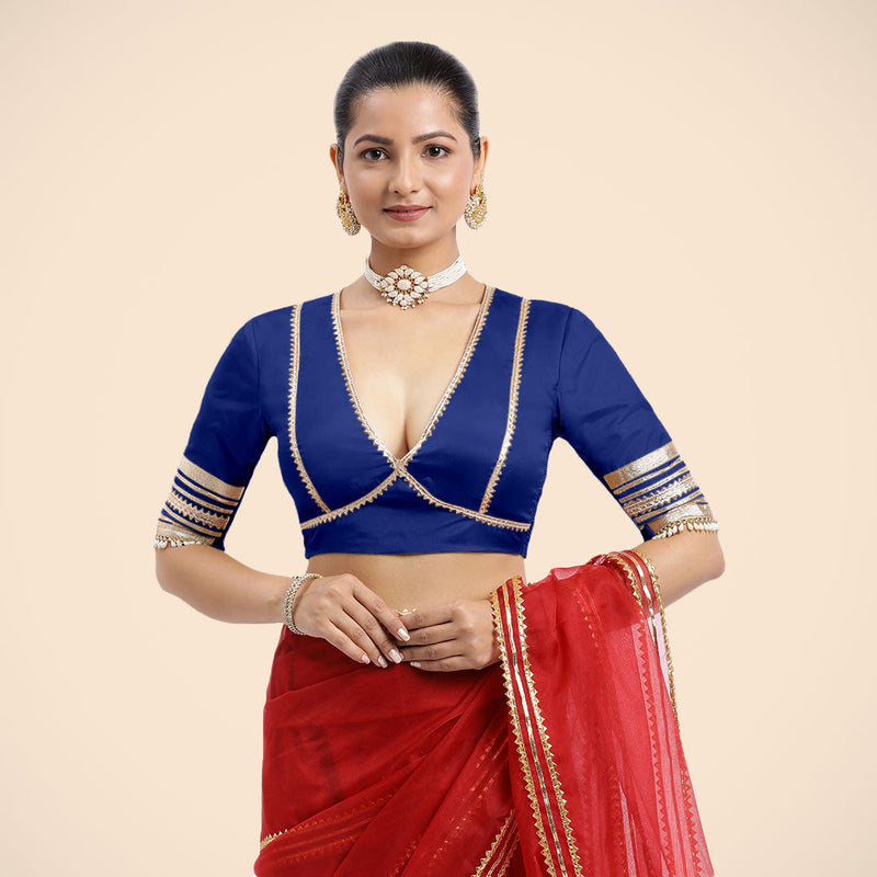 Nafeeza x Tyohaar | Cobalt Blue Embellished Elbow Sleeves FlexiFit™ Saree Blouse with Plunging V Neckline with Tasteful Golden Gota Lace-Binks