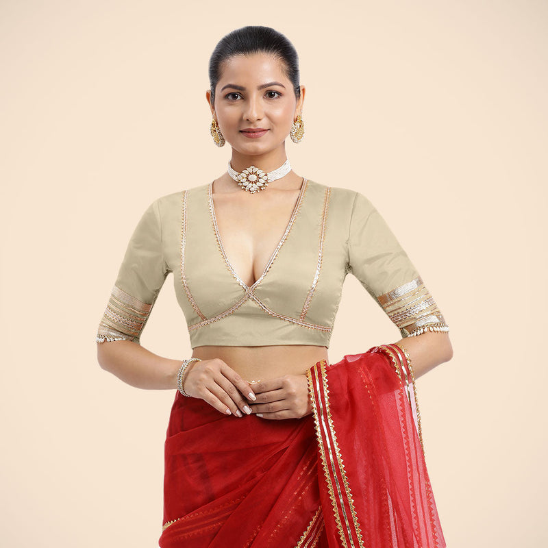 Nafeeza x Tyohaar | Cream Embellished Elbow Sleeves FlexiFit™ Saree Blouse with Plunging V Neckline with Tasteful Golden Gota Lace-Binks