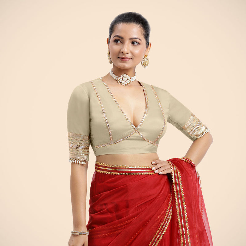 Nafeeza x Tyohaar | Cream Embellished Elbow Sleeves FlexiFit™ Saree Blouse with Plunging V Neckline with Tasteful Golden Gota Lace-Binks