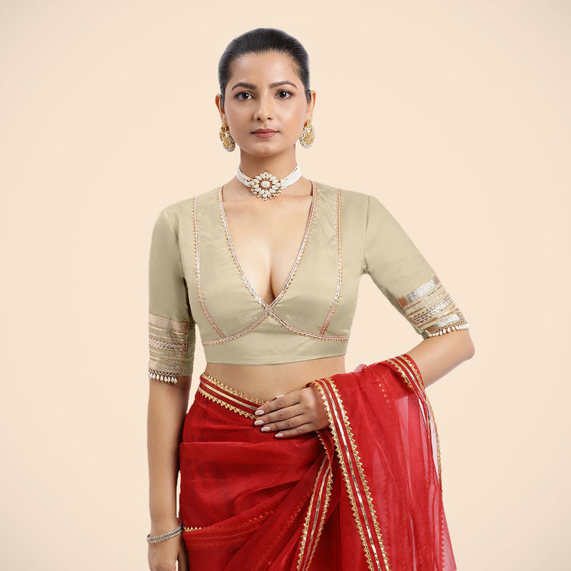 Nafeeza x Tyohaar | Cream Embellished Elbow Sleeves FlexiFit™ Saree Blouse with Plunging V Neckline with Tasteful Golden Gota Lace-Binks