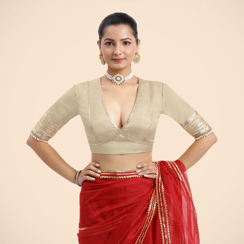 Nafeeza x Tyohaar | Cream Embellished Elbow Sleeves FlexiFit™ Saree Blouse with Plunging V Neckline with Tasteful Golden Gota Lace-Binks