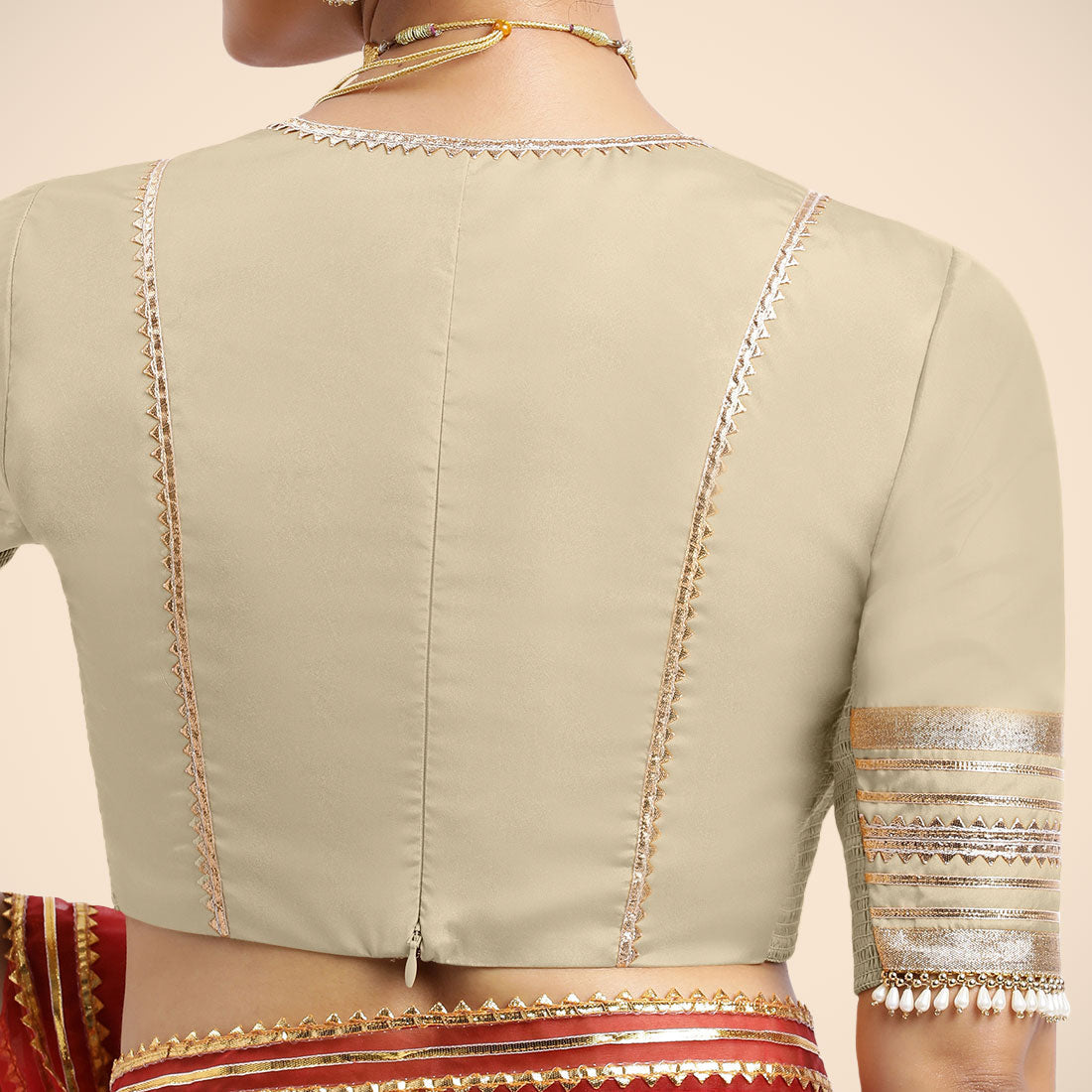 Nafeeza x Tyohaar Saree Blouse, in Cream Vegan Silk, featuring elbow sleeves and v-neckline, made for party & festive (view 2).