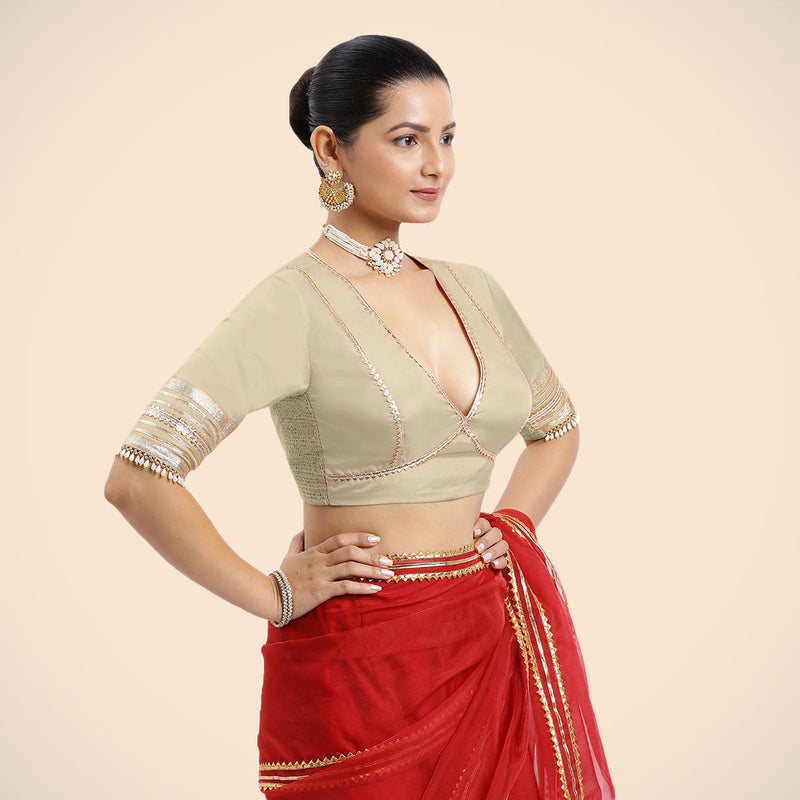 Nafeeza x Tyohaar | Cream Embellished Elbow Sleeves FlexiFit™ Saree Blouse with Plunging V Neckline with Tasteful Golden Gota Lace-Binks