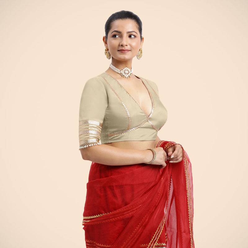 Nafeeza x Tyohaar | Cream Embellished Elbow Sleeves FlexiFit™ Saree Blouse with Plunging V Neckline with Tasteful Golden Gota Lace-Binks