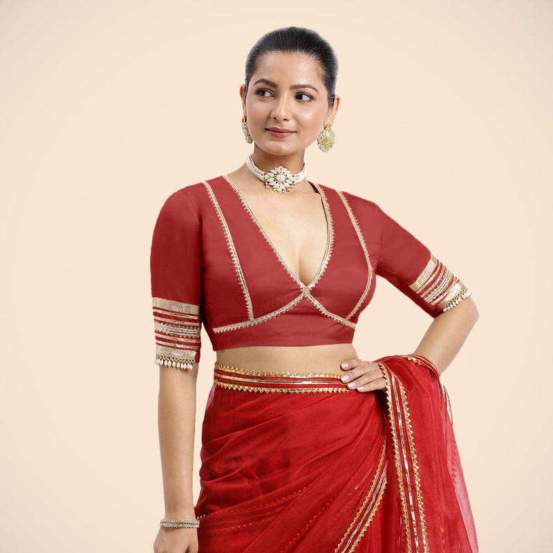 Nafeeza x Tyohaar | Crimson Red Embellished Elbow Sleeves FlexiFit™ Saree Blouse with Plunging V Neckline with Tasteful Golden Gota Lace-Binks